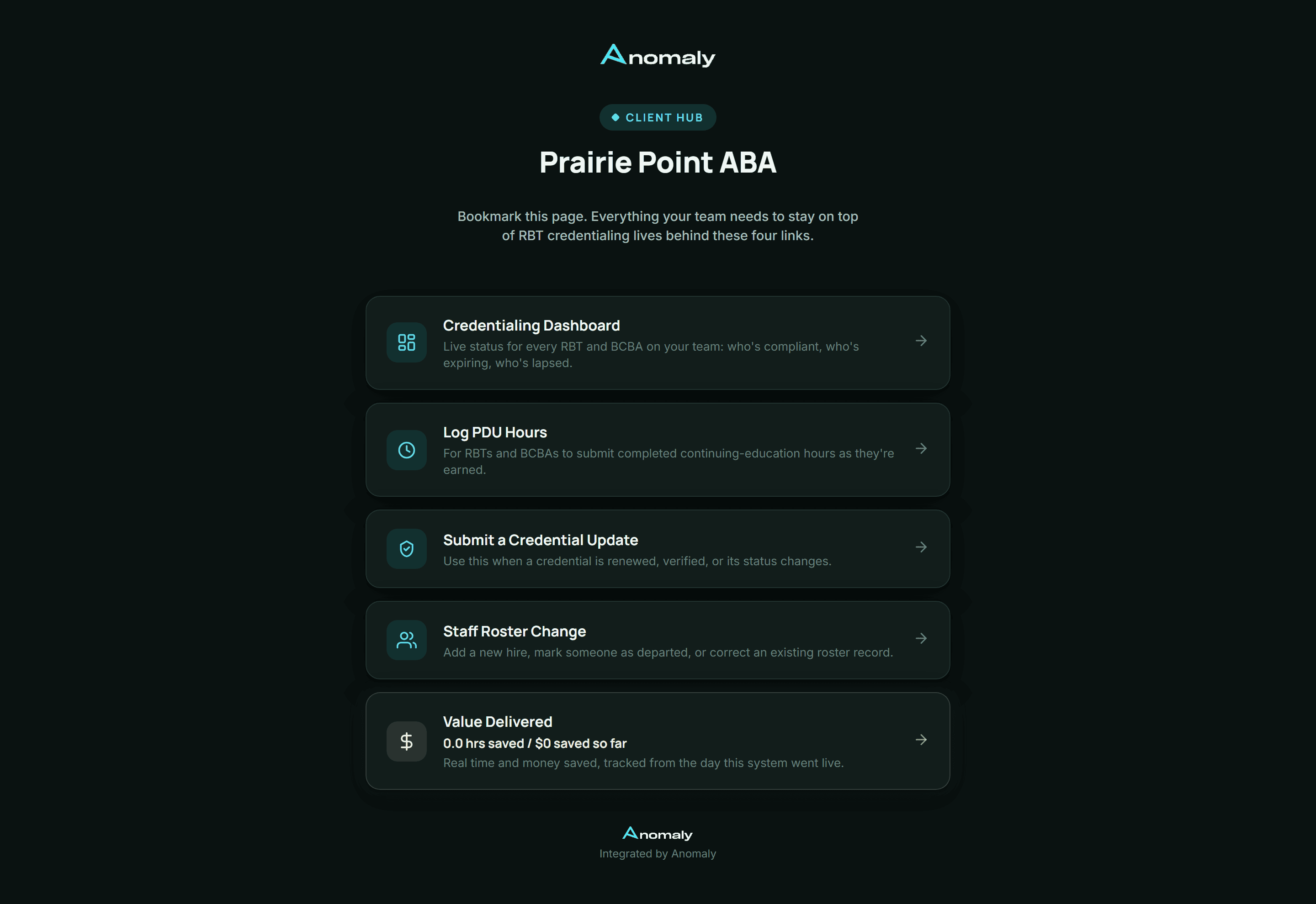 The Client Hub, full screenshot from the Prairie Point ABA demonstration build